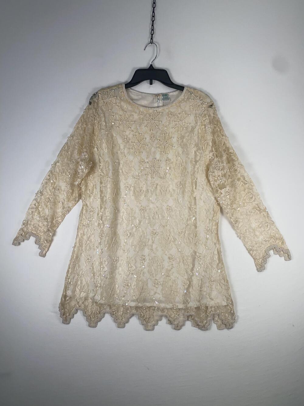 GUNIT Blouse Womens Large White Lace Beaded Sequin Long Sleeve Tunic Top